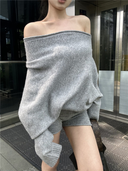 Off-Shoulder Sweater & Knit Shorts Set