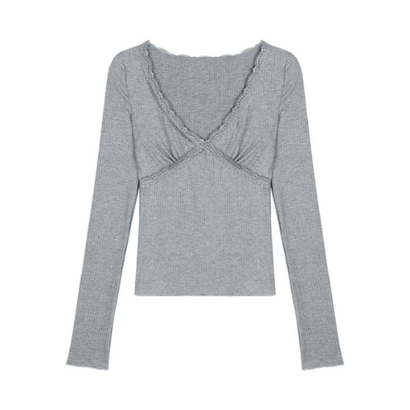 Lace Trim V-Neck Knit Top | LUNMUL