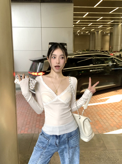 Lace Trim V-Neck Knit Top