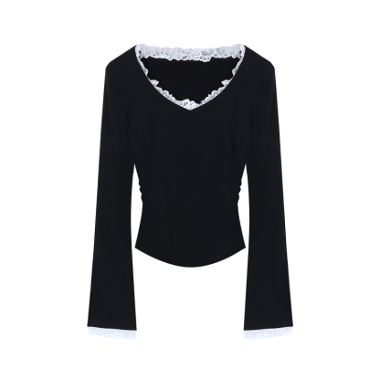 Chic Lace Trim V-Neck Top | LUNMUL