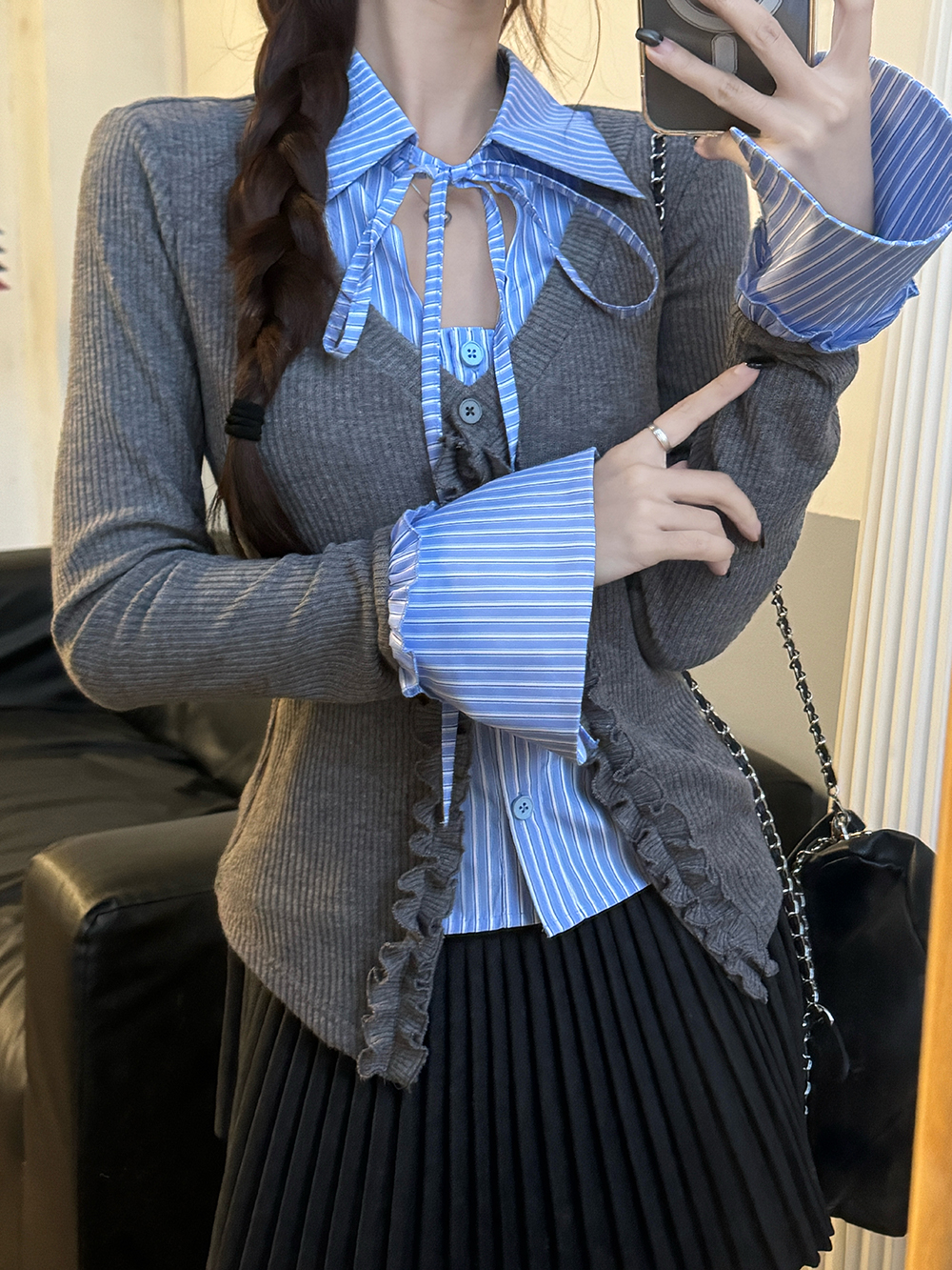Knit Cardigan & Pleated Skirt Set