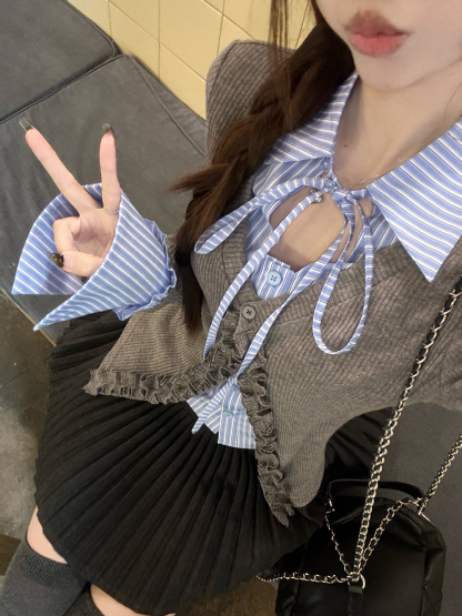 Knit Cardigan & Pleated Skirt Set