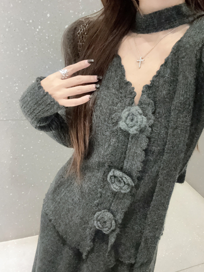 V-Neck Jacquard Sweater & Skirt Set