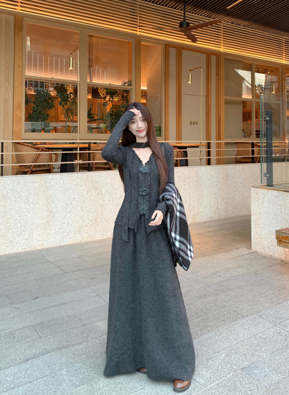 V-Neck Jacquard Sweater & Skirt Set