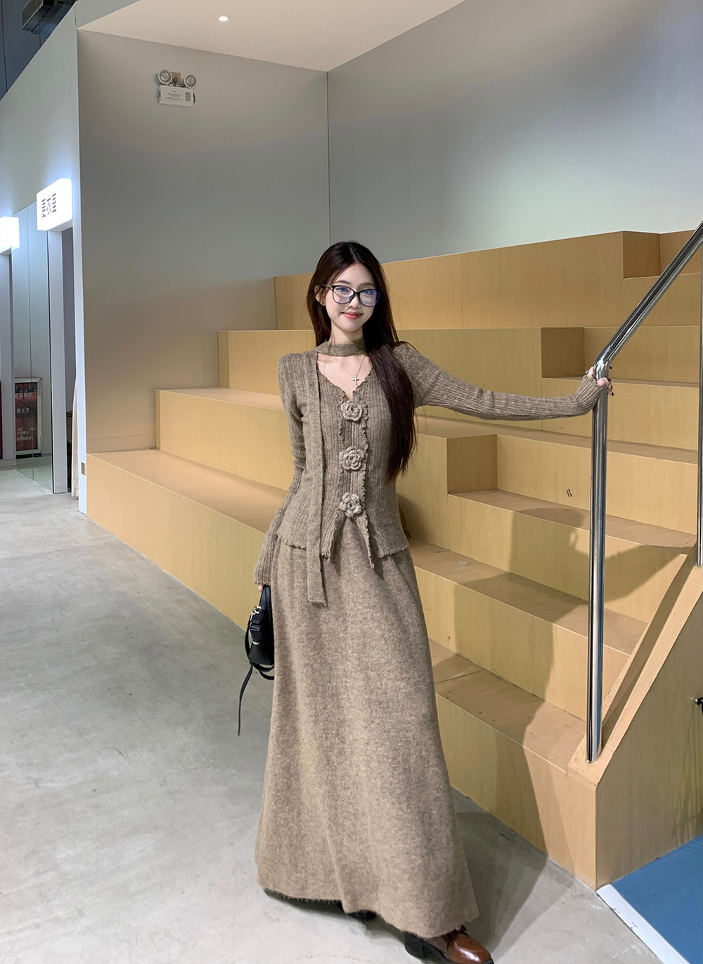 V-Neck Jacquard Sweater & Skirt Set