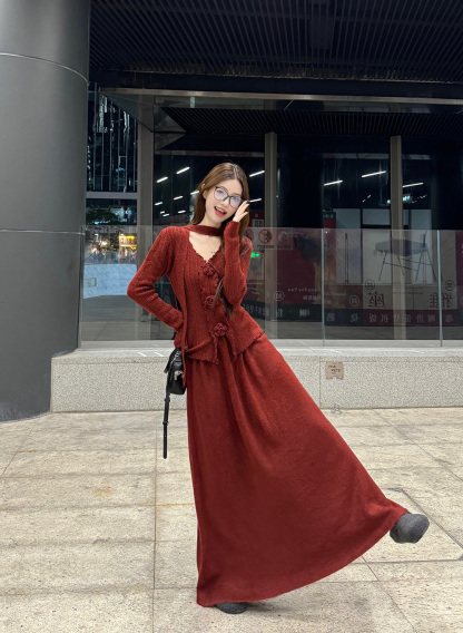 V-Neck Jacquard Sweater & Skirt Set