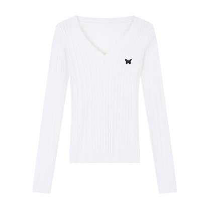 Butterfly Embroidered V-Neck Sweater | LUNMUL