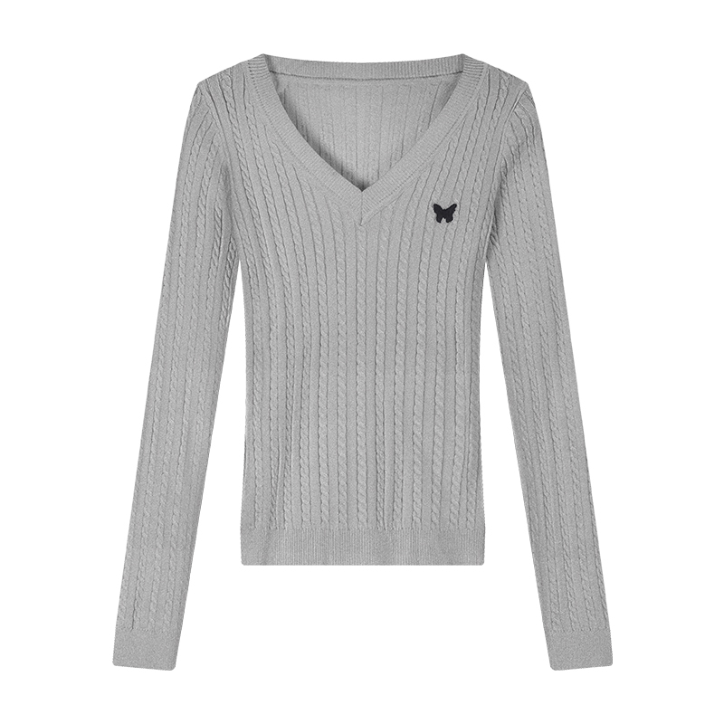 Butterfly Embroidered V-Neck Sweater
