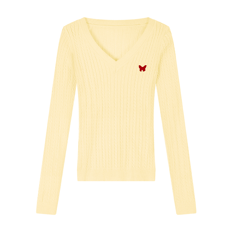 Butterfly Embroidered V-Neck Sweater