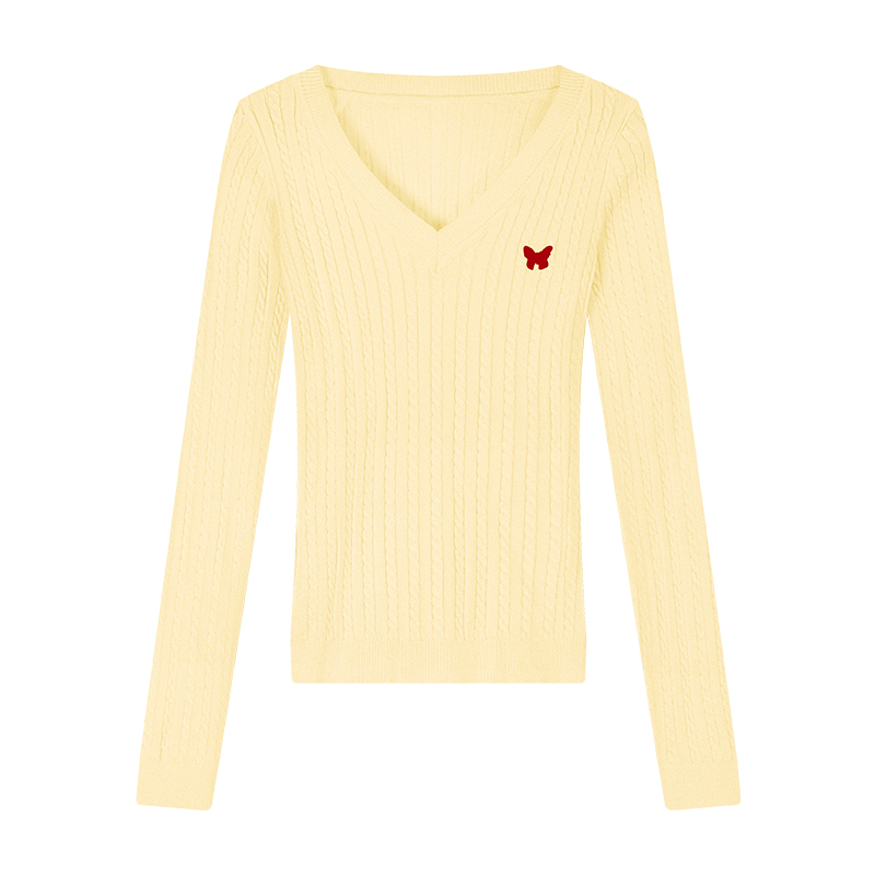 Butterfly Embroidered V-Neck Sweater