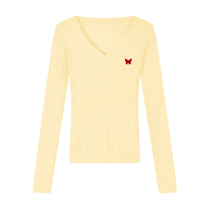 Butterfly Embroidered V-Neck Sweater