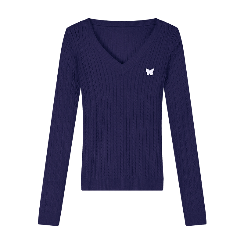 Butterfly Embroidered V-Neck Sweater