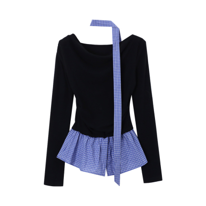 Off-Shoulder Plaid Panel Top | LUNMUL