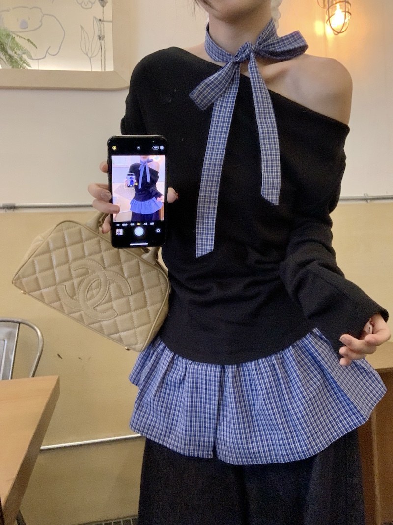 Off-Shoulder Plaid Panel Top