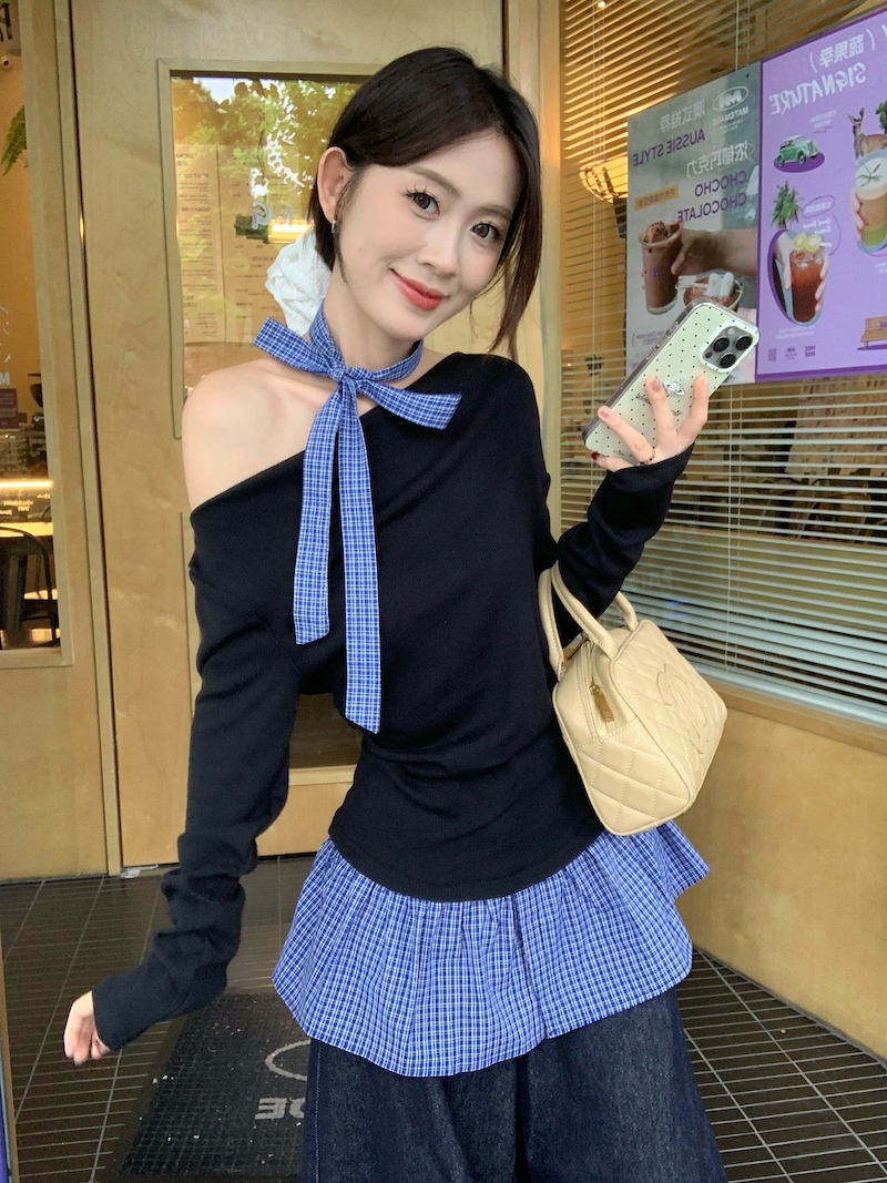 Off-Shoulder Plaid Panel Top