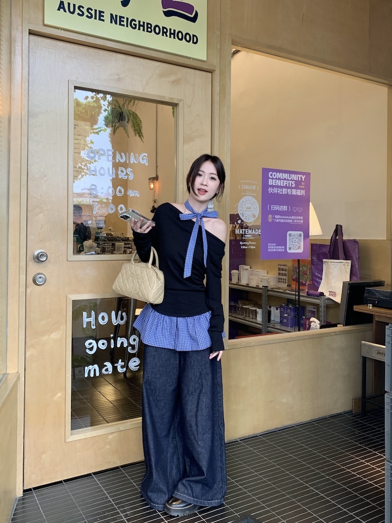 Off-Shoulder Plaid Panel Top