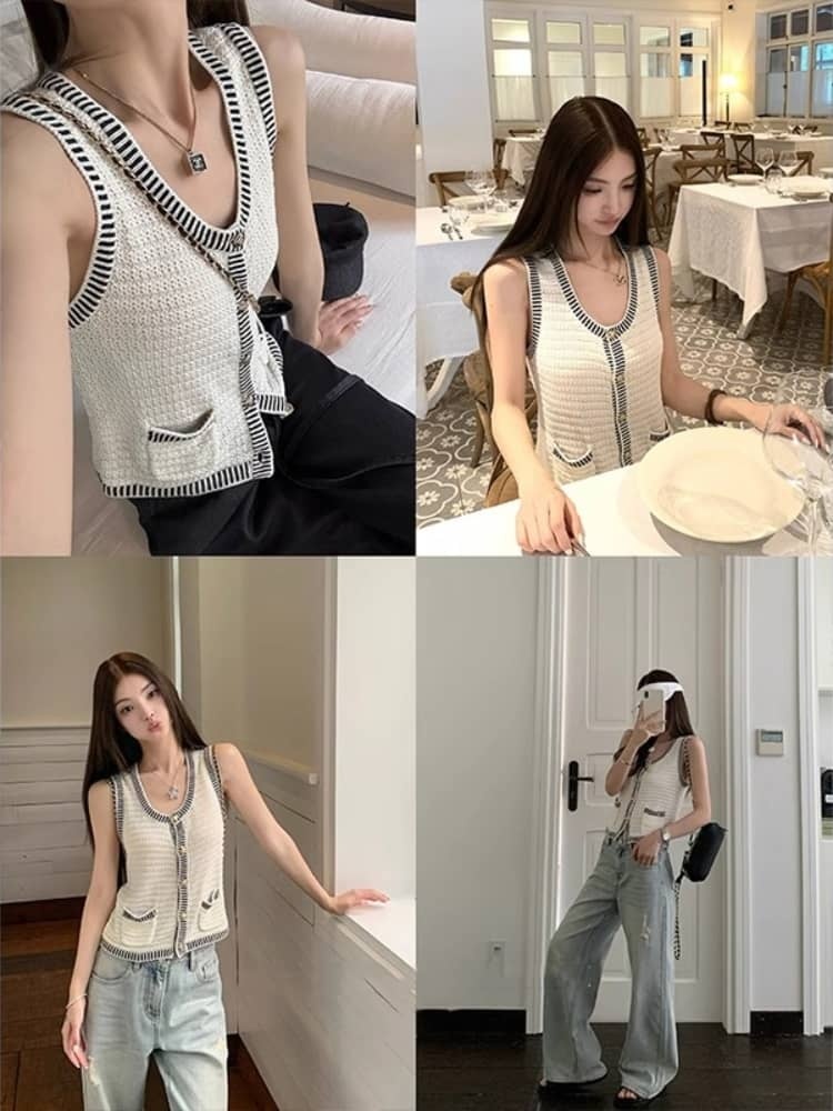 French Contrast Sleeveless Cardigan