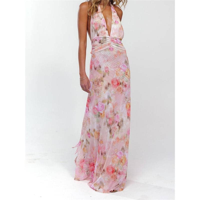 Sleeveless Halter Dress Backless Flower | LUNMUL