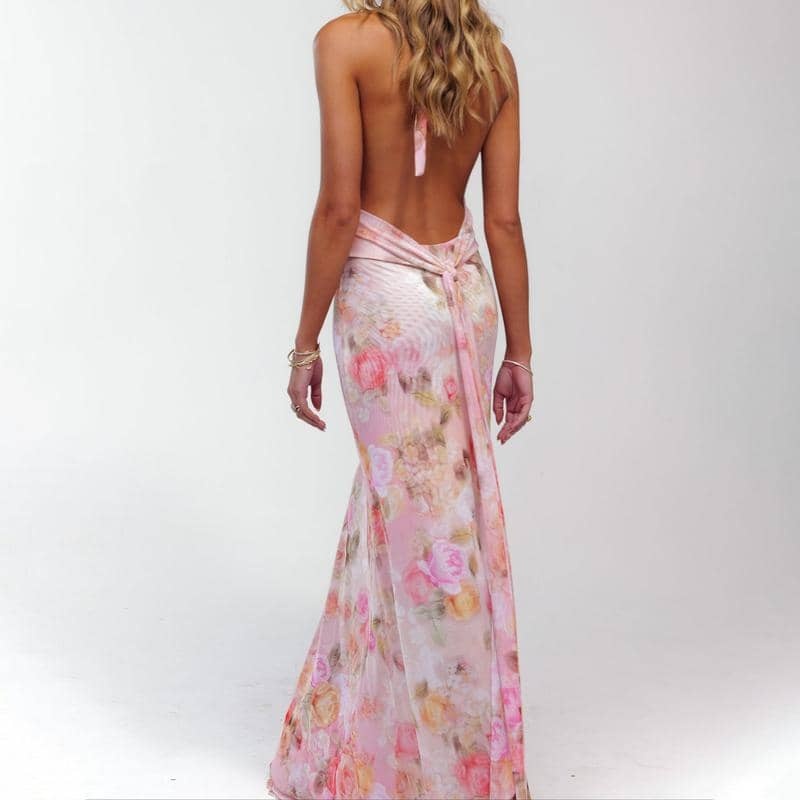 Sleeveless Halter Dress Backless Flower