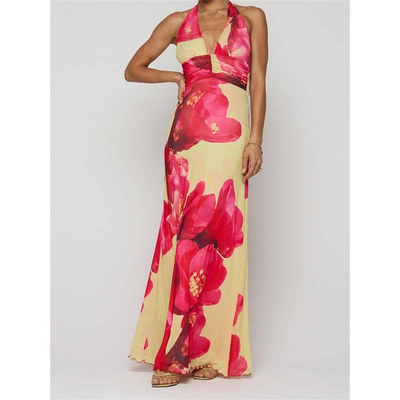 Sleeveless Halter Dress Backless Flower | LUNMUL