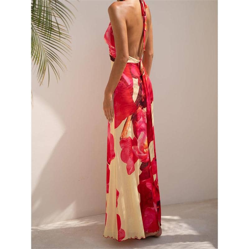 Sleeveless Halter Dress Backless Flower