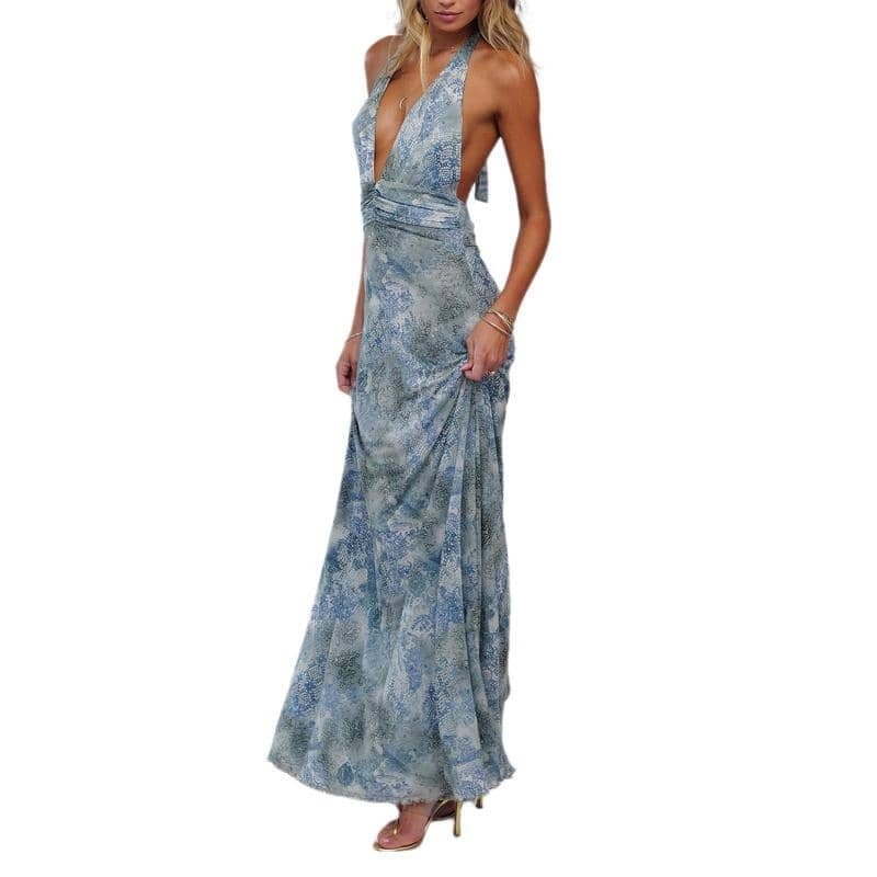 Sleeveless Halter Dress Backless Flower