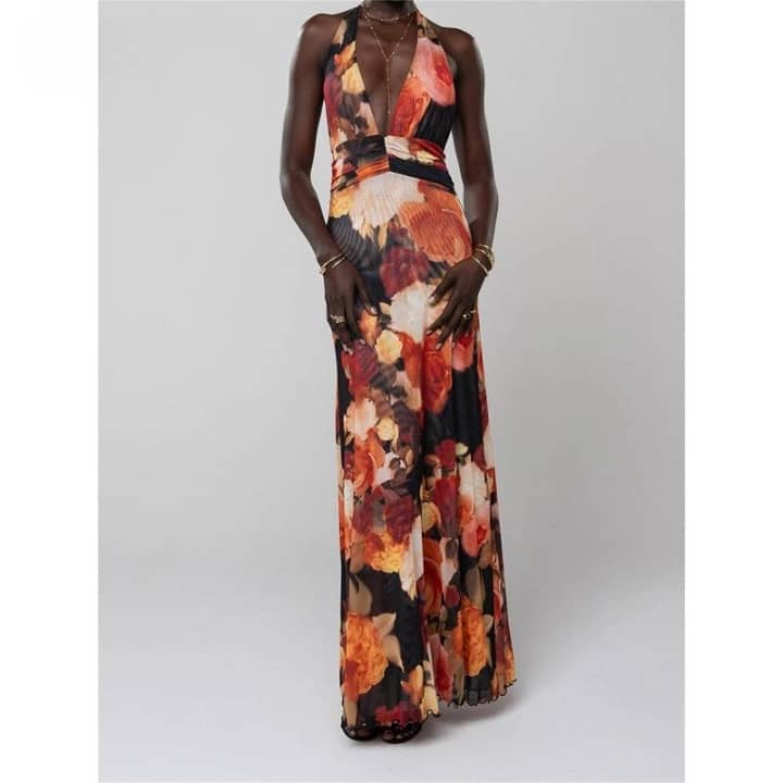 Sleeveless Halter Dress Backless Flower | LUNMUL