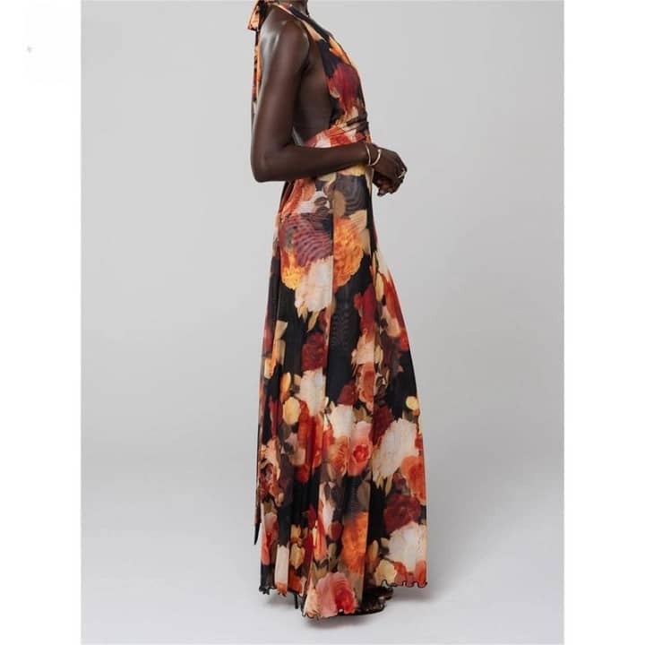 Sleeveless Halter Dress Backless Flower