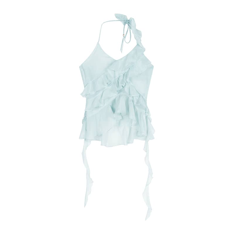 Asymmetric Ruffle Halter Neck Top