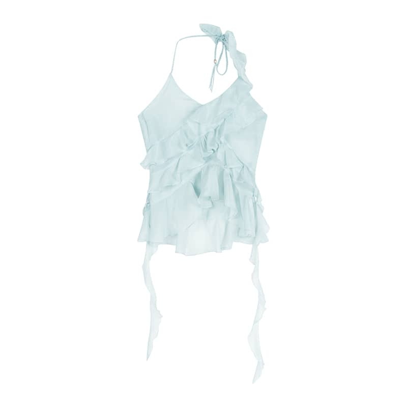 Asymmetric Ruffle Halter Neck Top | LUNMUL