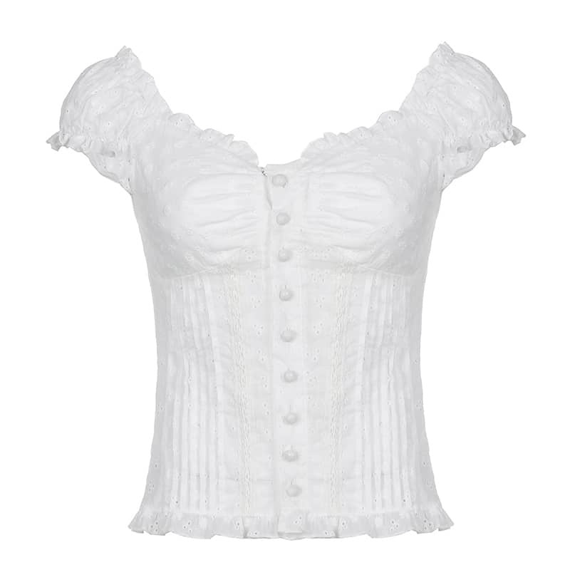 Lace Jacquard Ruffle Button Top | LUNMUL