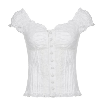Lace Jacquard Ruffle Button Top | LUNMUL