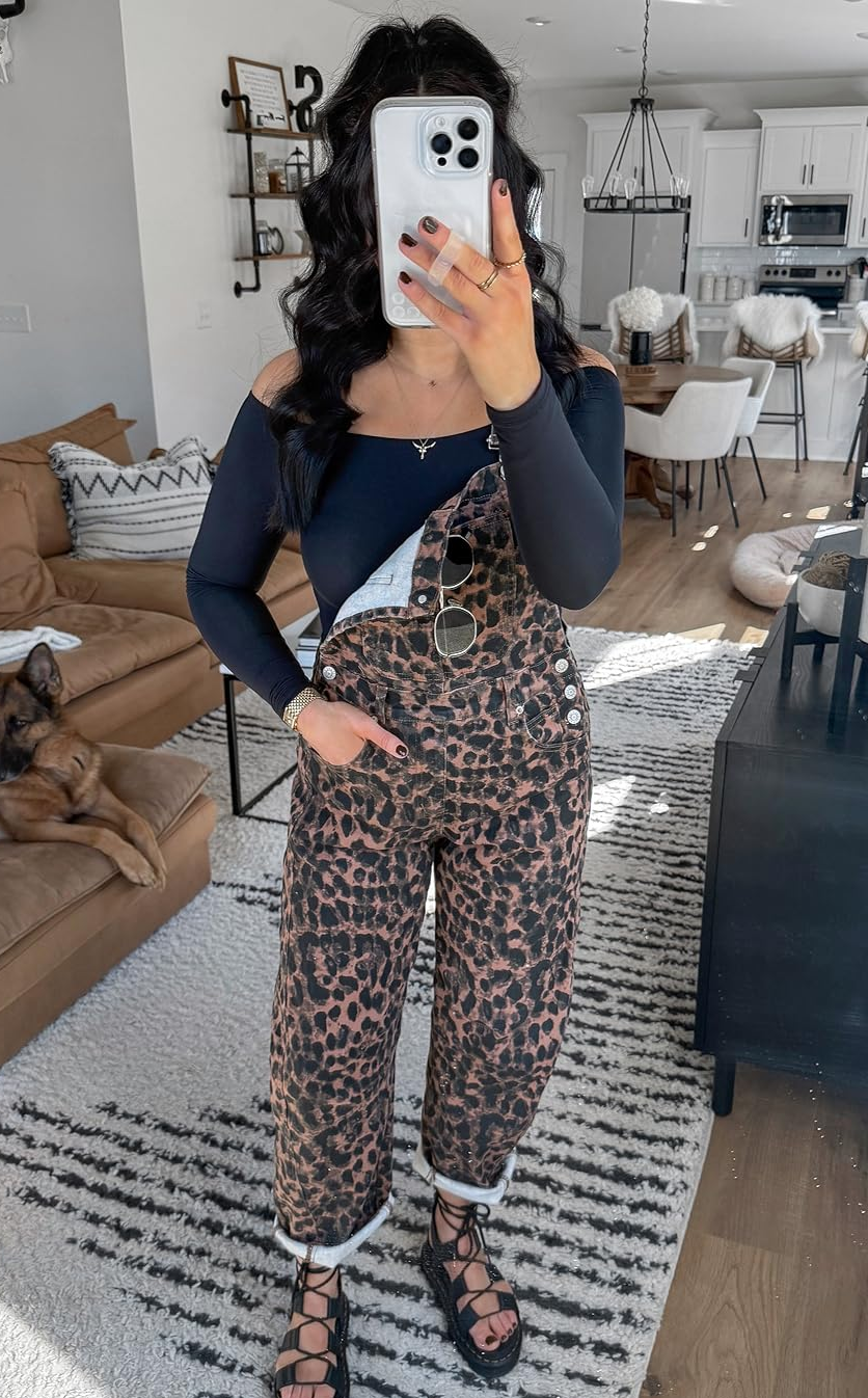 Women's Leopard Print Denim Overalls