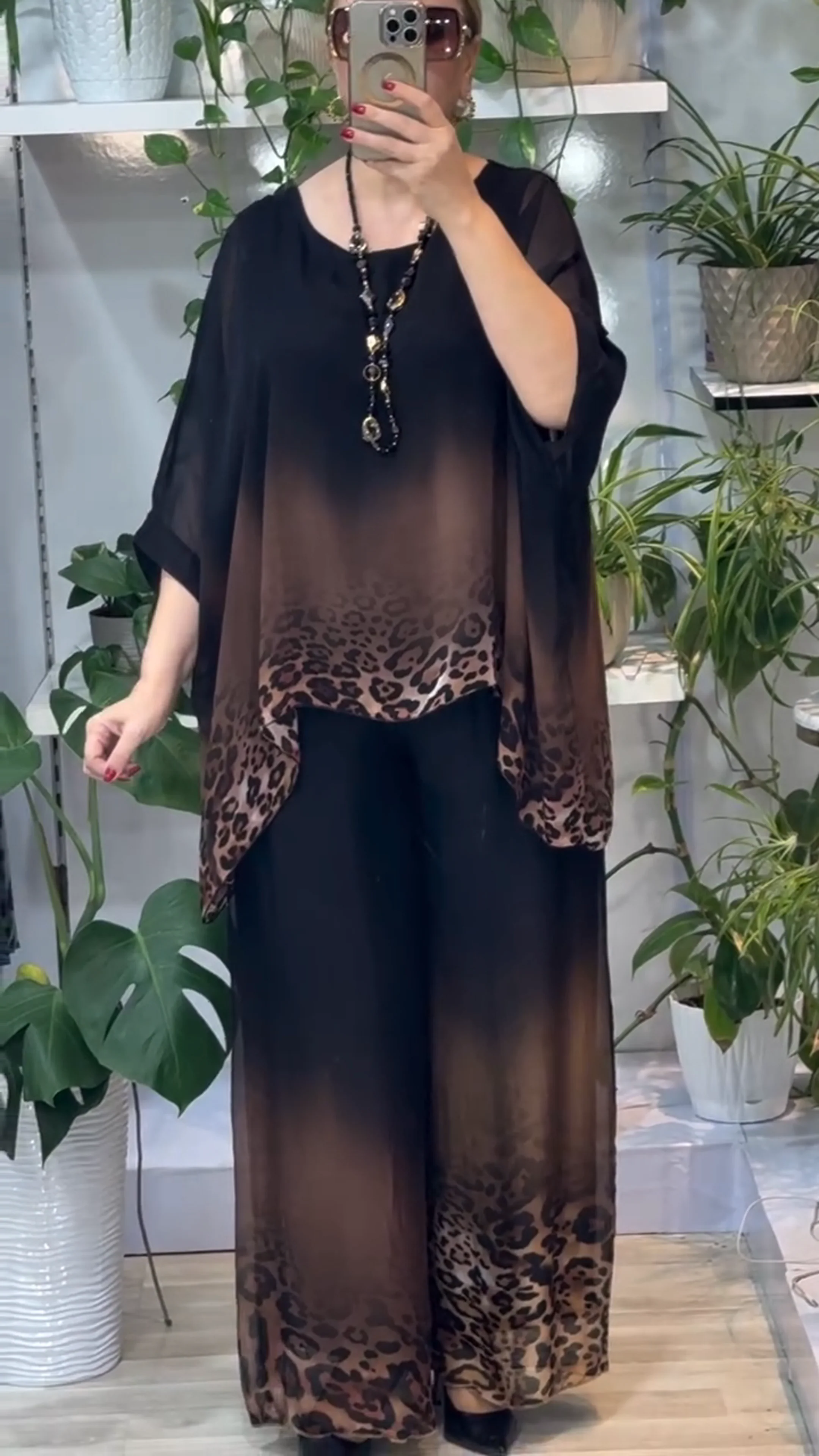 Women's Gradient Leopard Print Crew Neck Top and Wide Leg Pants Set