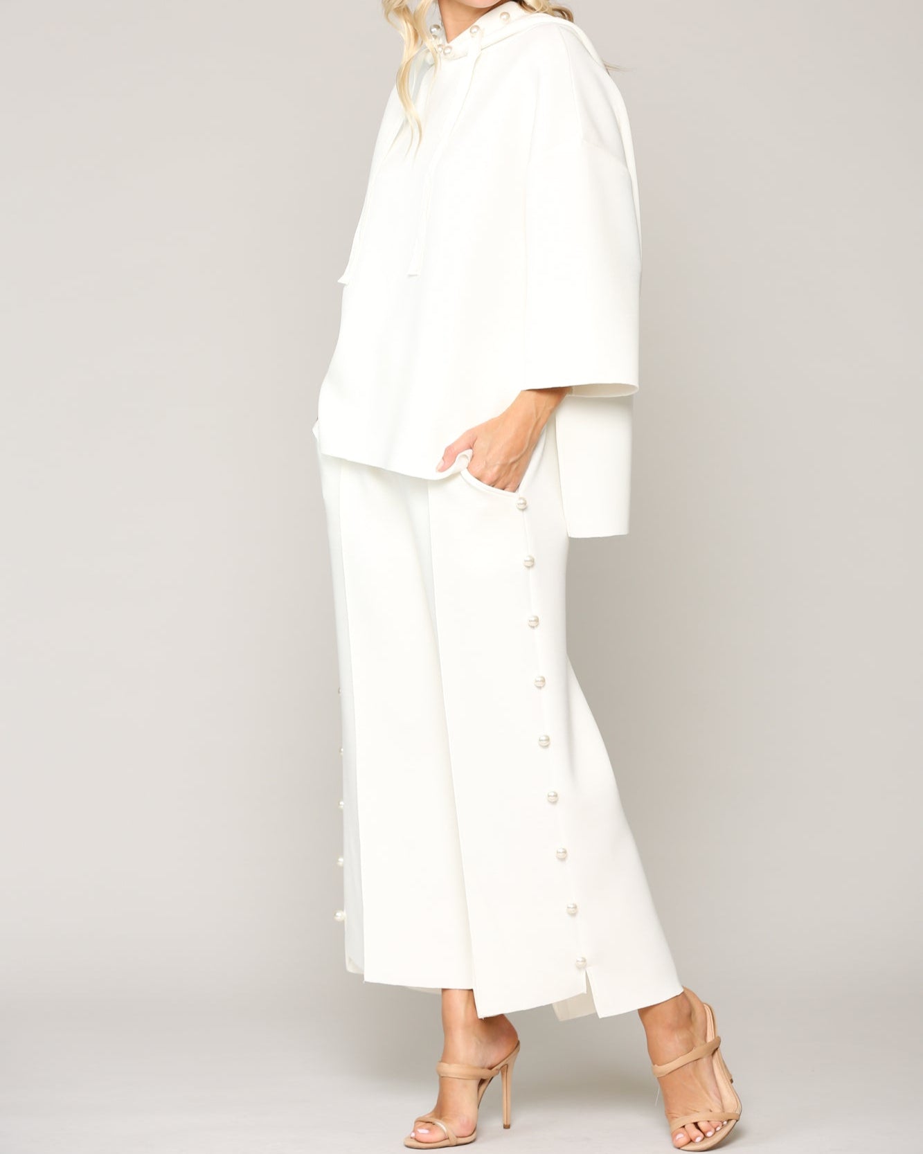 Women's Hooded Pearl Long Sleeve Sweatshirt and Loose Wide Leg Sweatpants Set