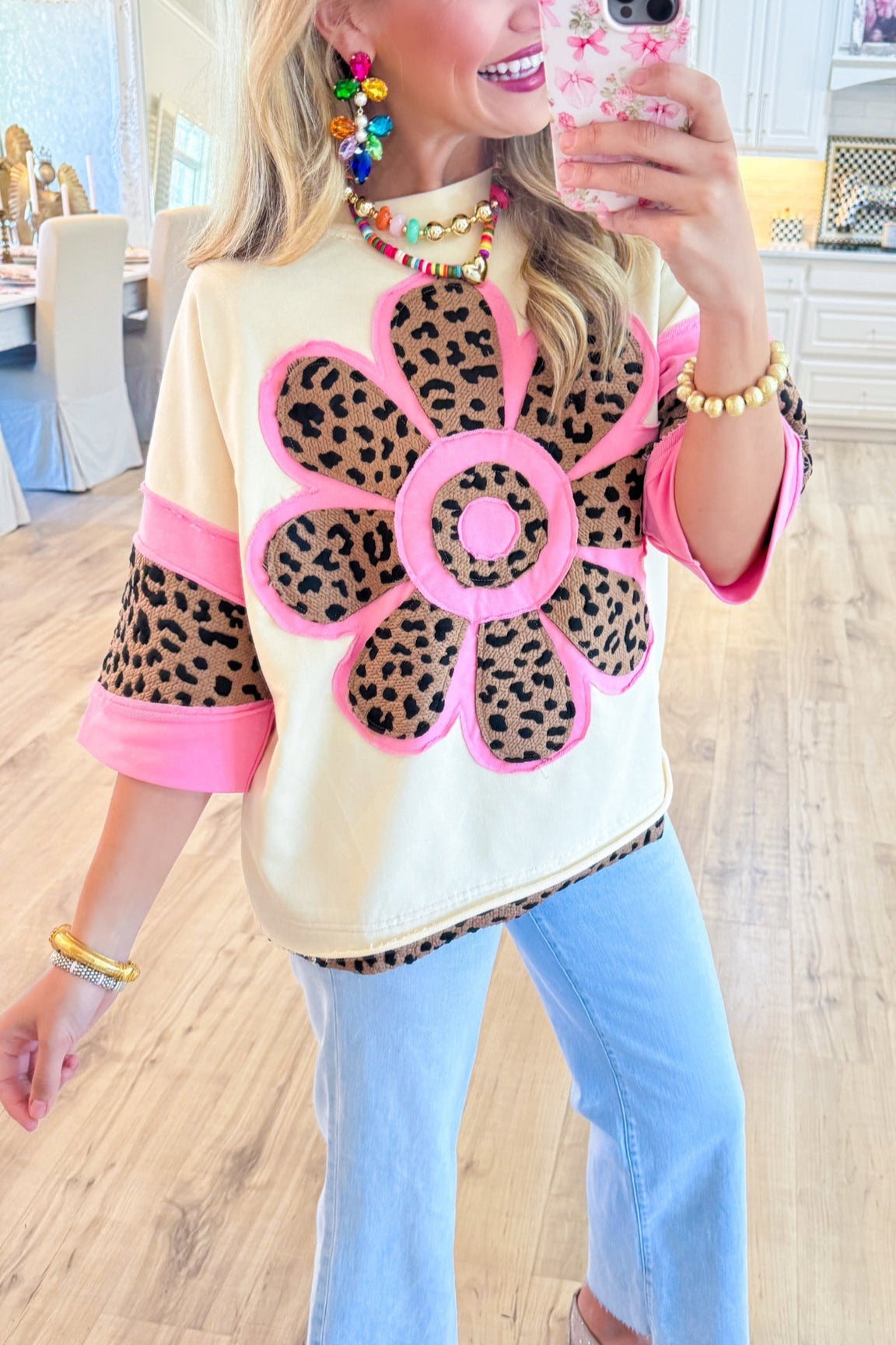 Ivory and Pink Leopard Flower Top