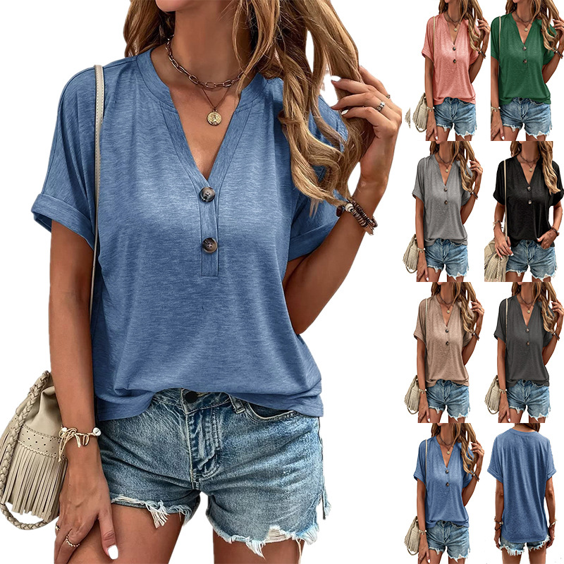 2025 NORDSTROM Women's V-neck Short Sleeve T-shirt Solid Color Loose Top