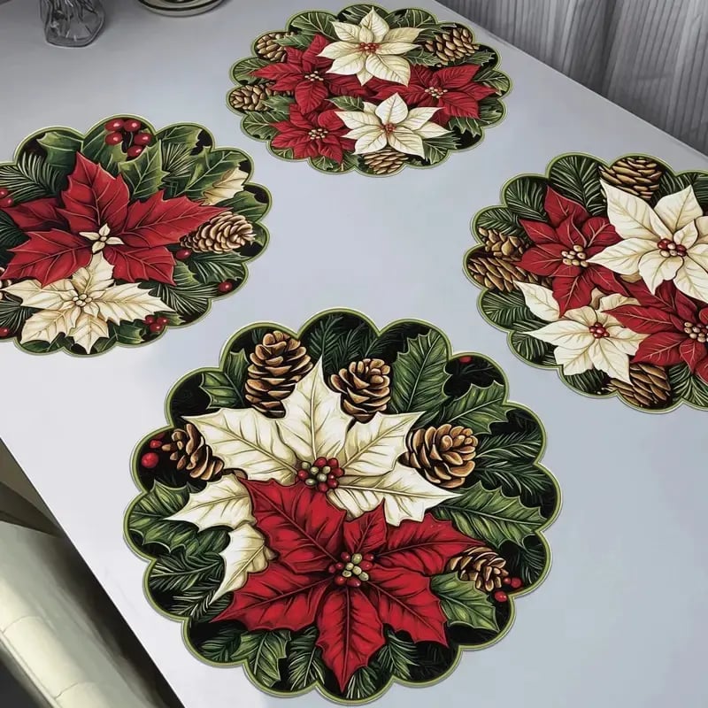 10-piece winter placemats, shaped like poinsettias and pine cones, made of non-slip fabric.