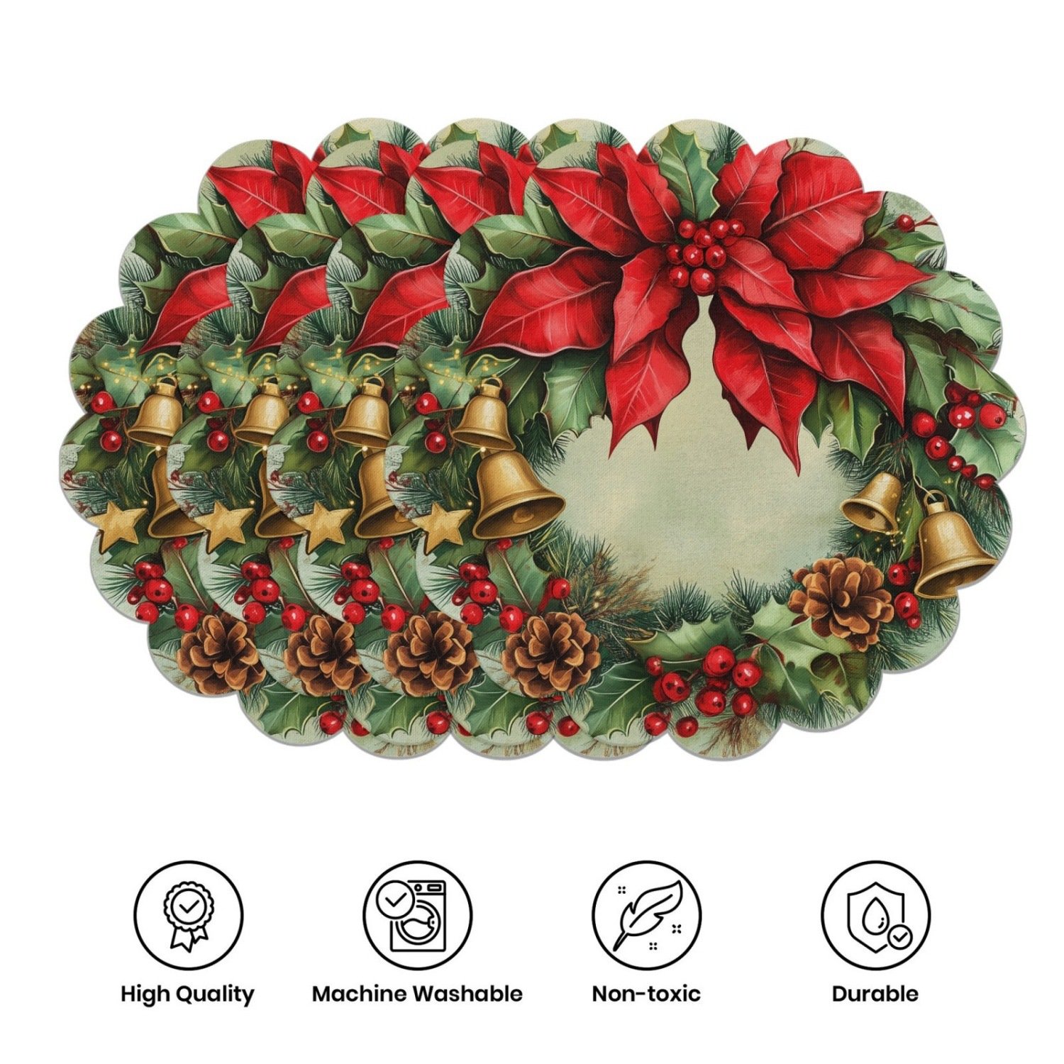 10-piece winter placemats, shaped like poinsettias and pine cones, made of non-slip fabric.