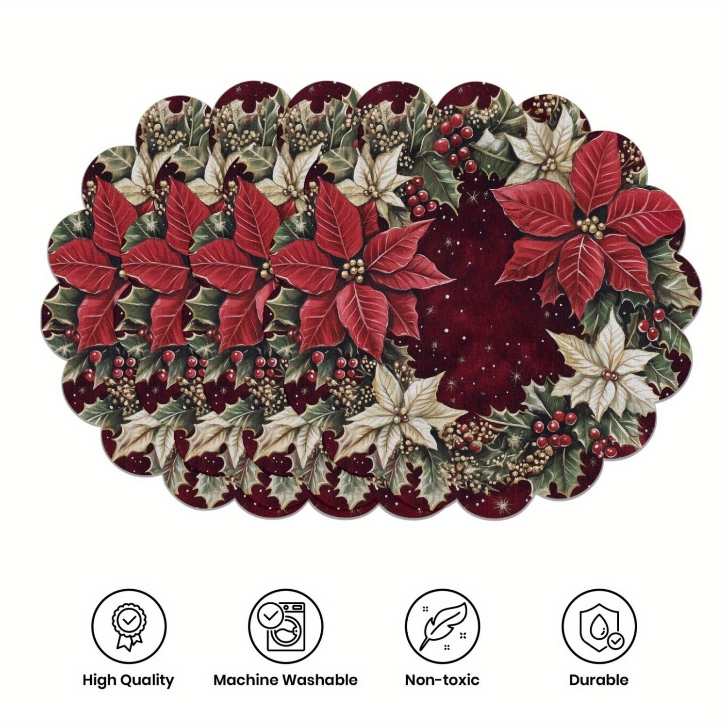 10-piece winter placemats, shaped like poinsettias and pine cones, made of non-slip fabric.