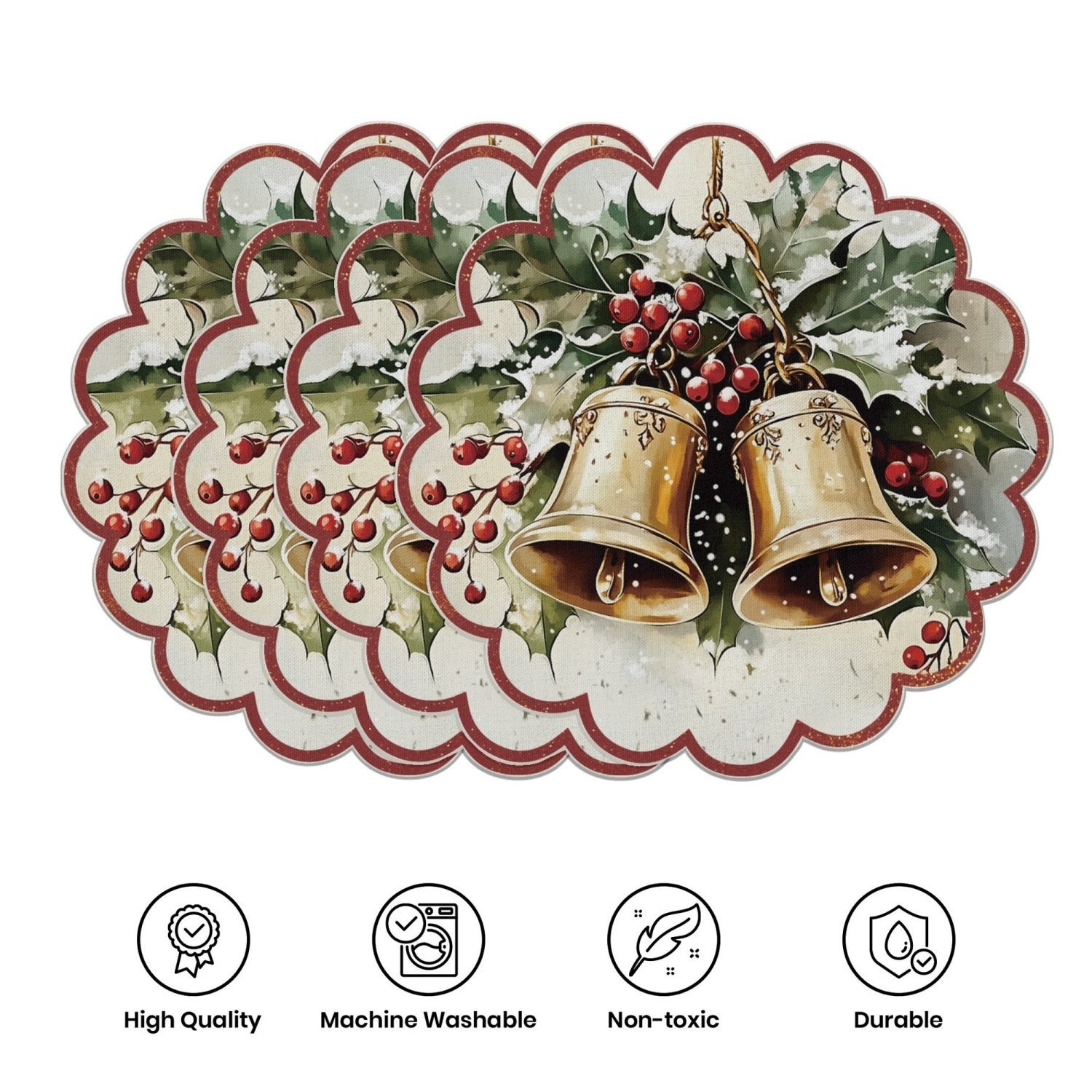 10-piece winter placemats, shaped like poinsettias and pine cones, made of non-slip fabric.