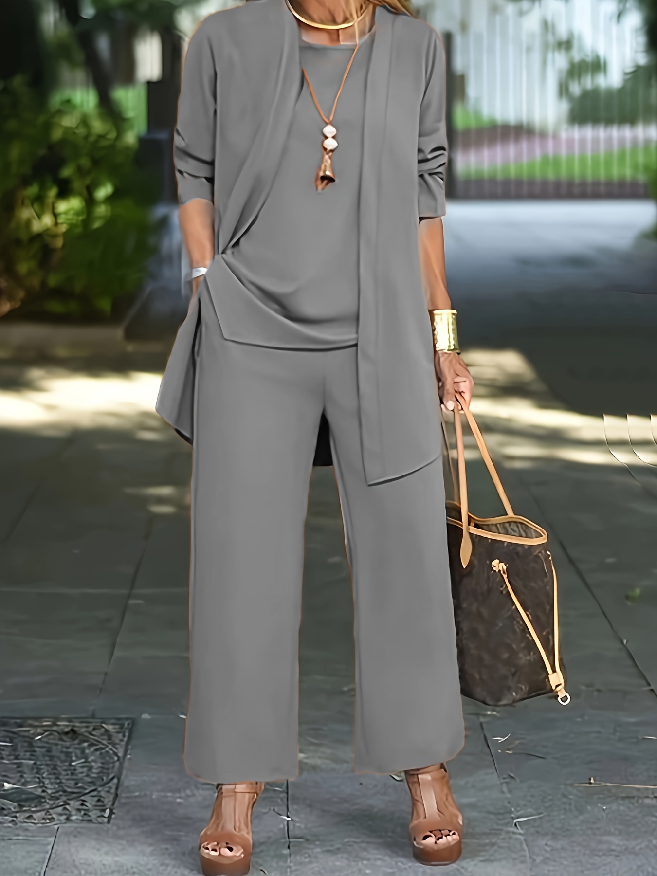 Casual Three-piece Solid Set, Long Sleeve Cardigan & Top & Long Pants Outfits