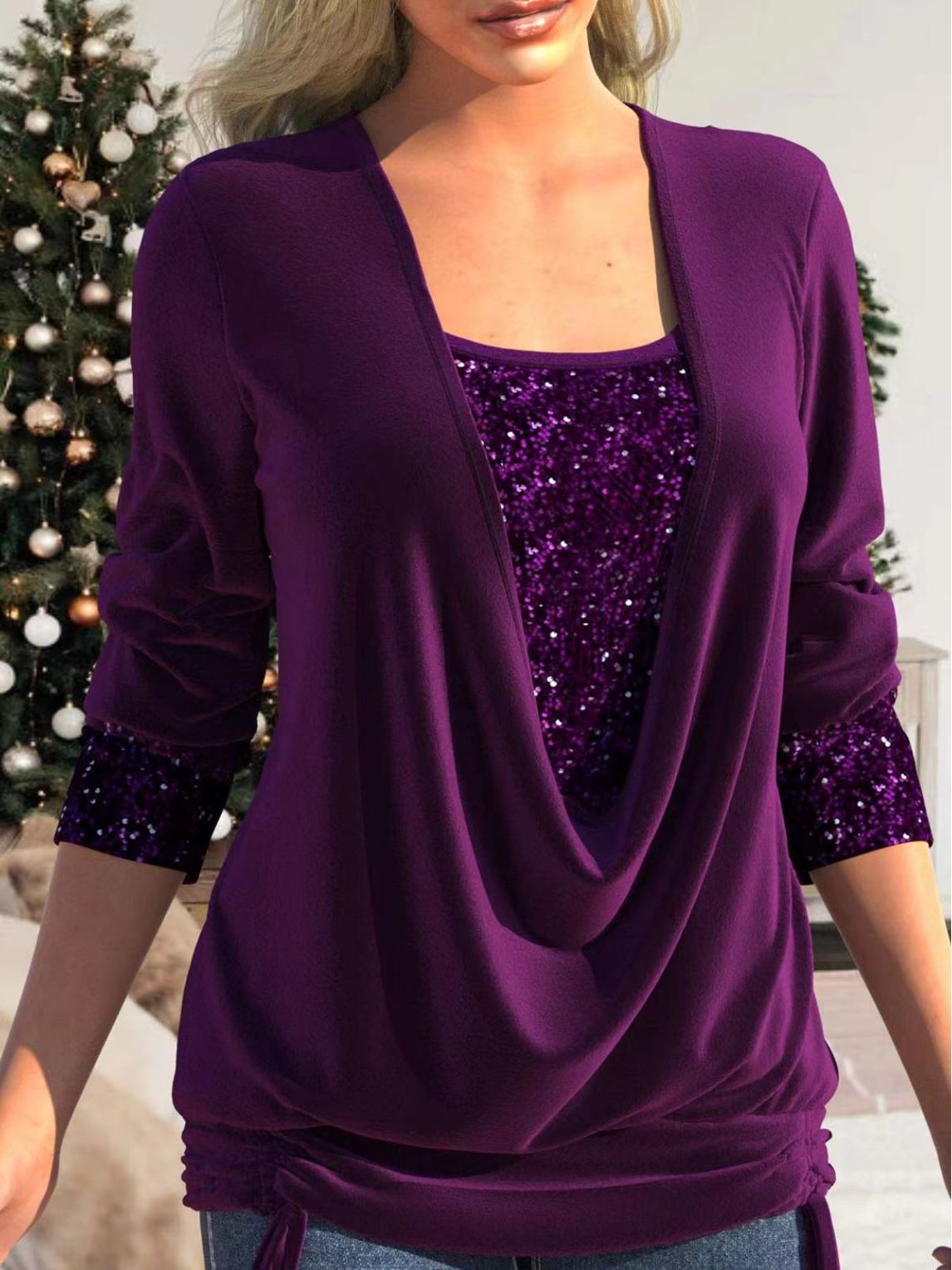 🎁Big sale 49% OFF 🎁Sequin Loose Smocked Fake Two-Piece Top