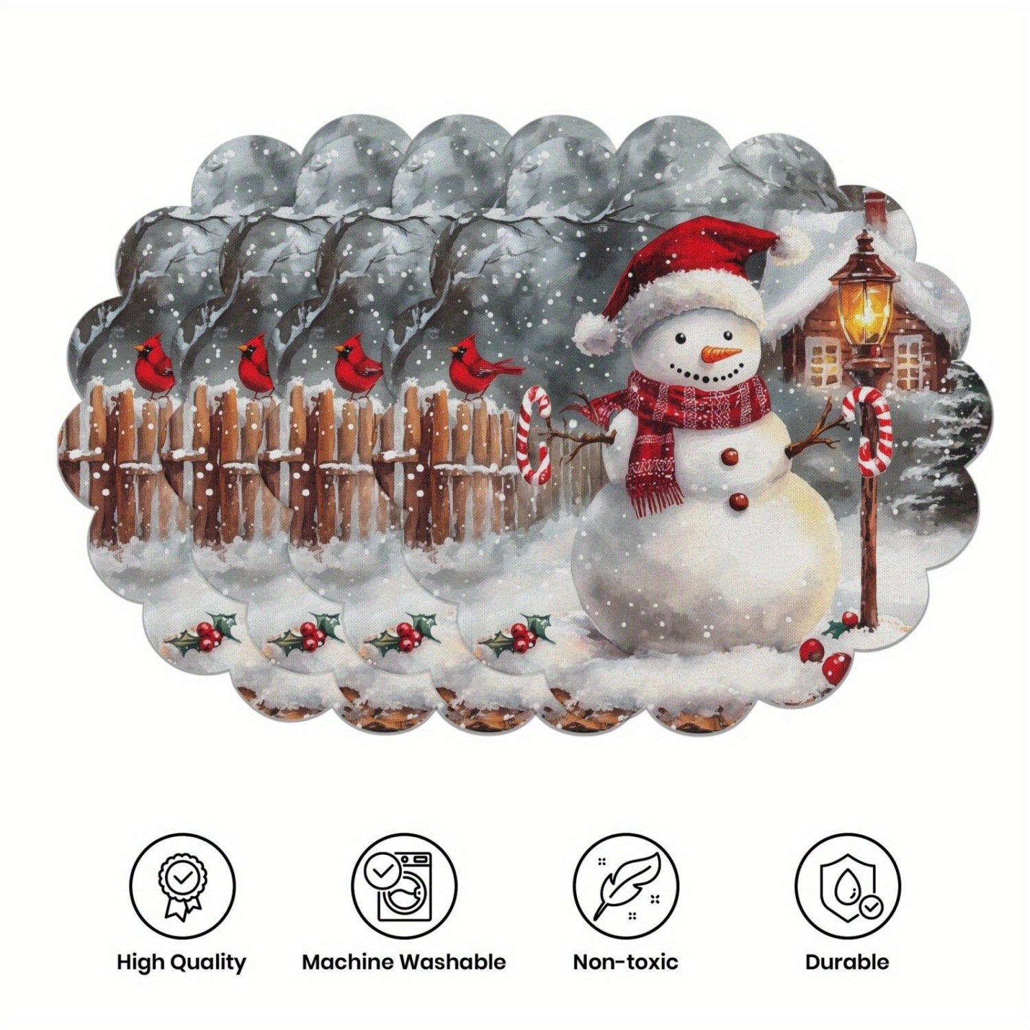 10-piece winter placemats, shaped like poinsettias and pine cones, made of non-slip fabric.