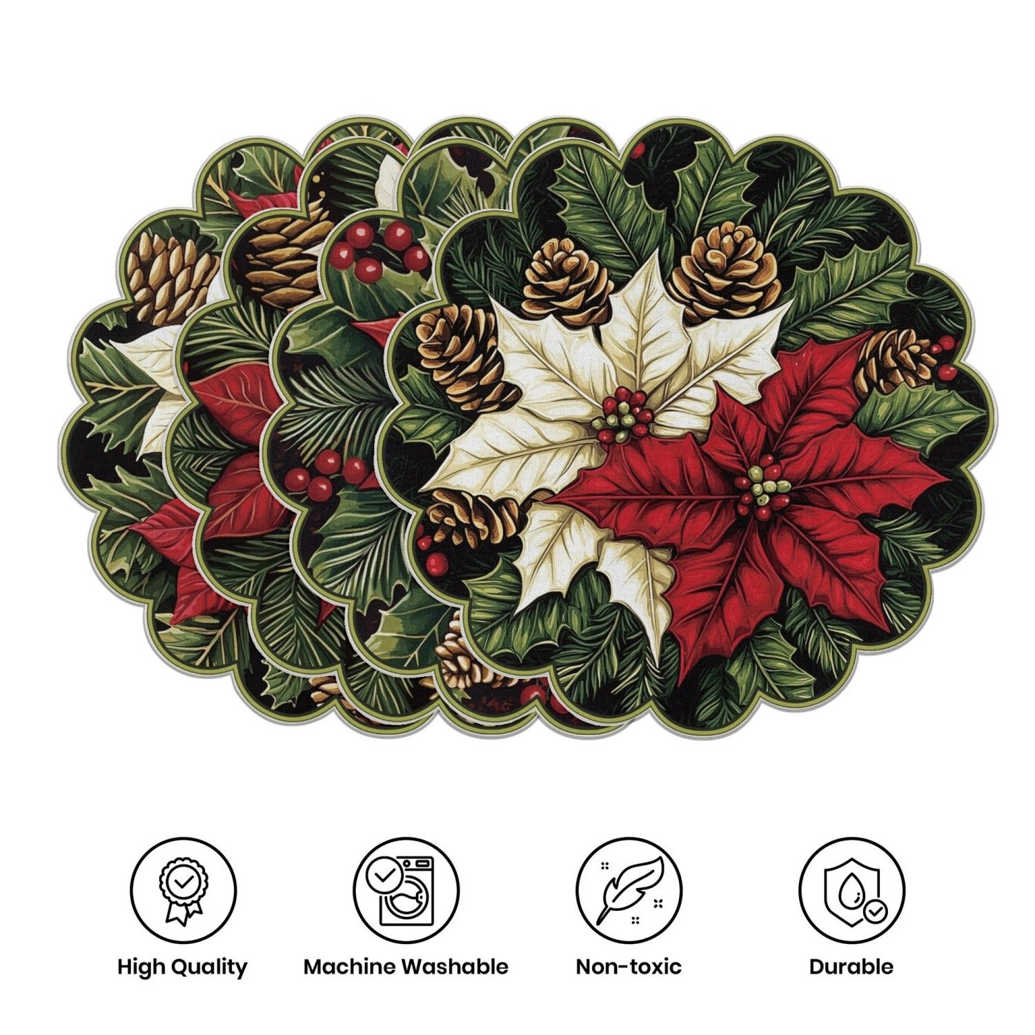 10-piece winter placemats, shaped like poinsettias and pine cones, made of non-slip fabric.