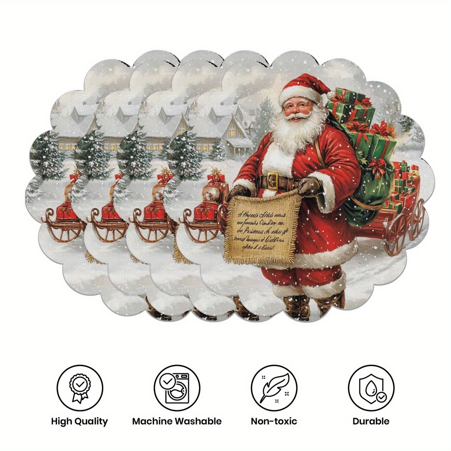 10-piece winter placemats, shaped like poinsettias and pine cones, made of non-slip fabric.