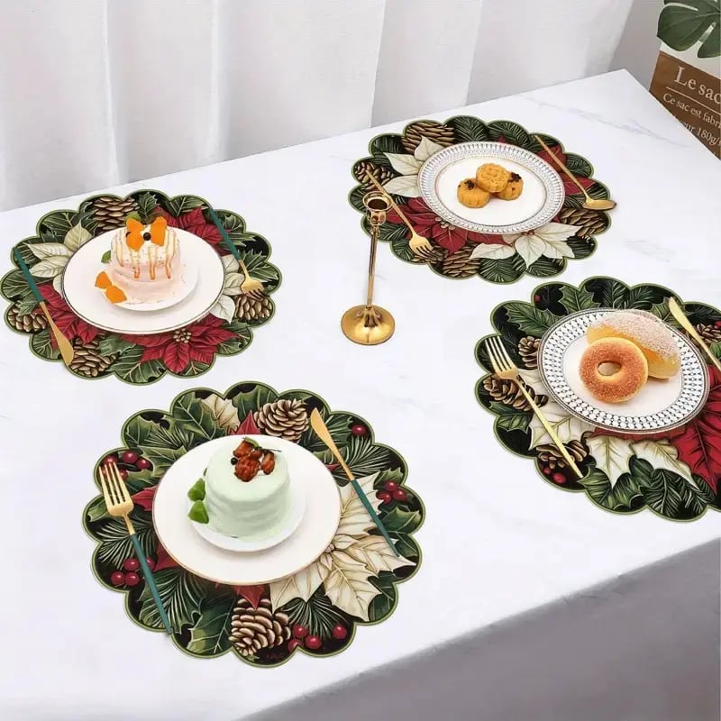10-piece winter placemats, shaped like poinsettias and pine cones, made of non-slip fabric.