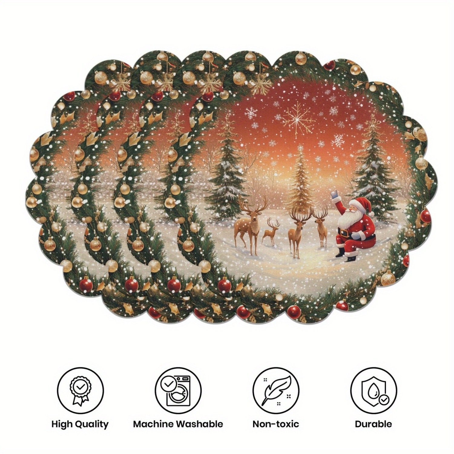10-piece winter placemats, shaped like poinsettias and pine cones, made of non-slip fabric.