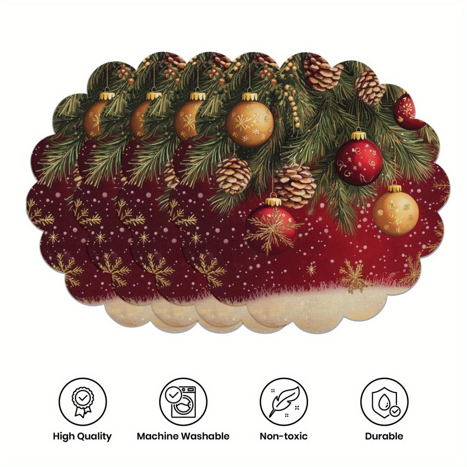 10-piece winter placemats, shaped like poinsettias and pine cones, made of non-slip fabric.