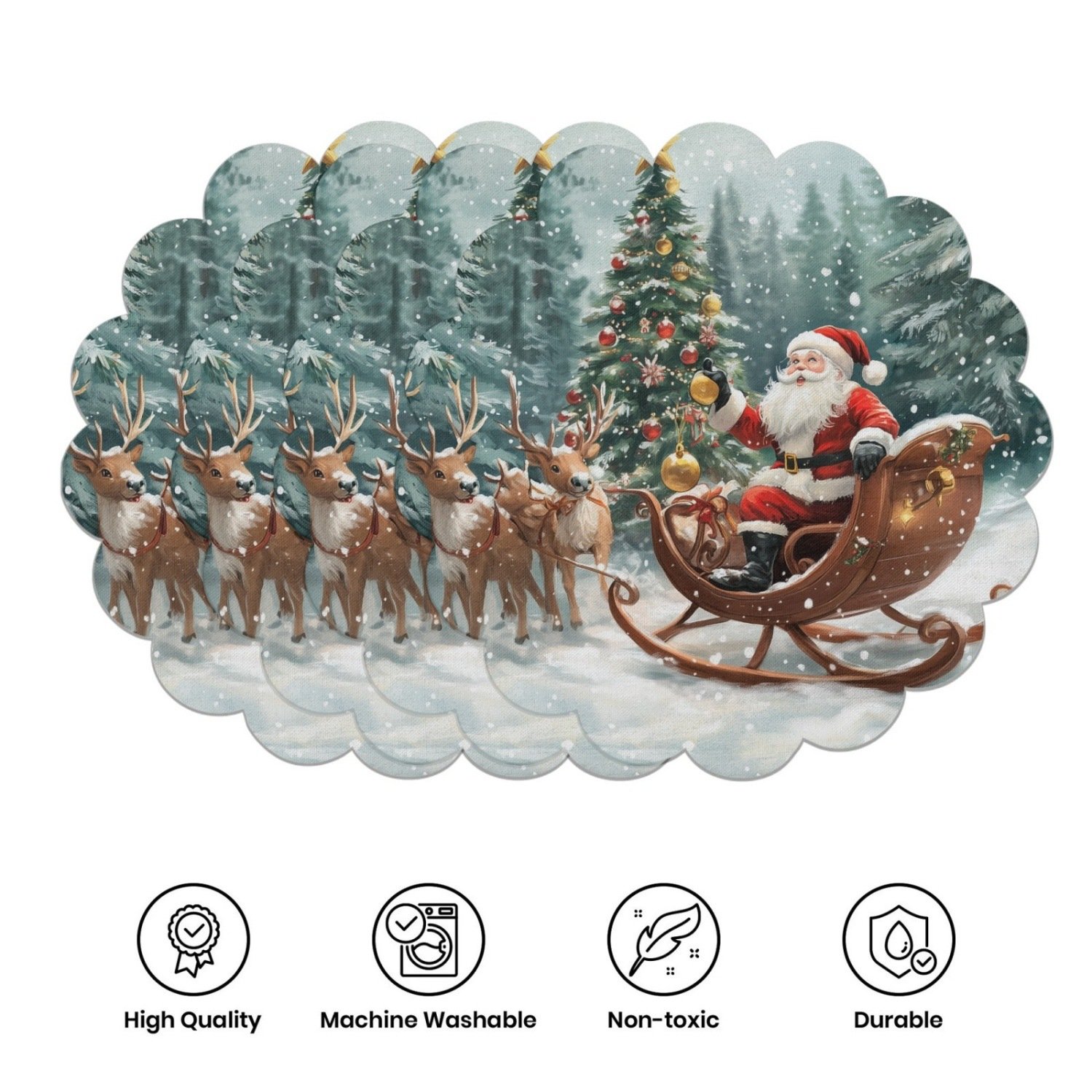 10-piece winter placemats, shaped like poinsettias and pine cones, made of non-slip fabric.